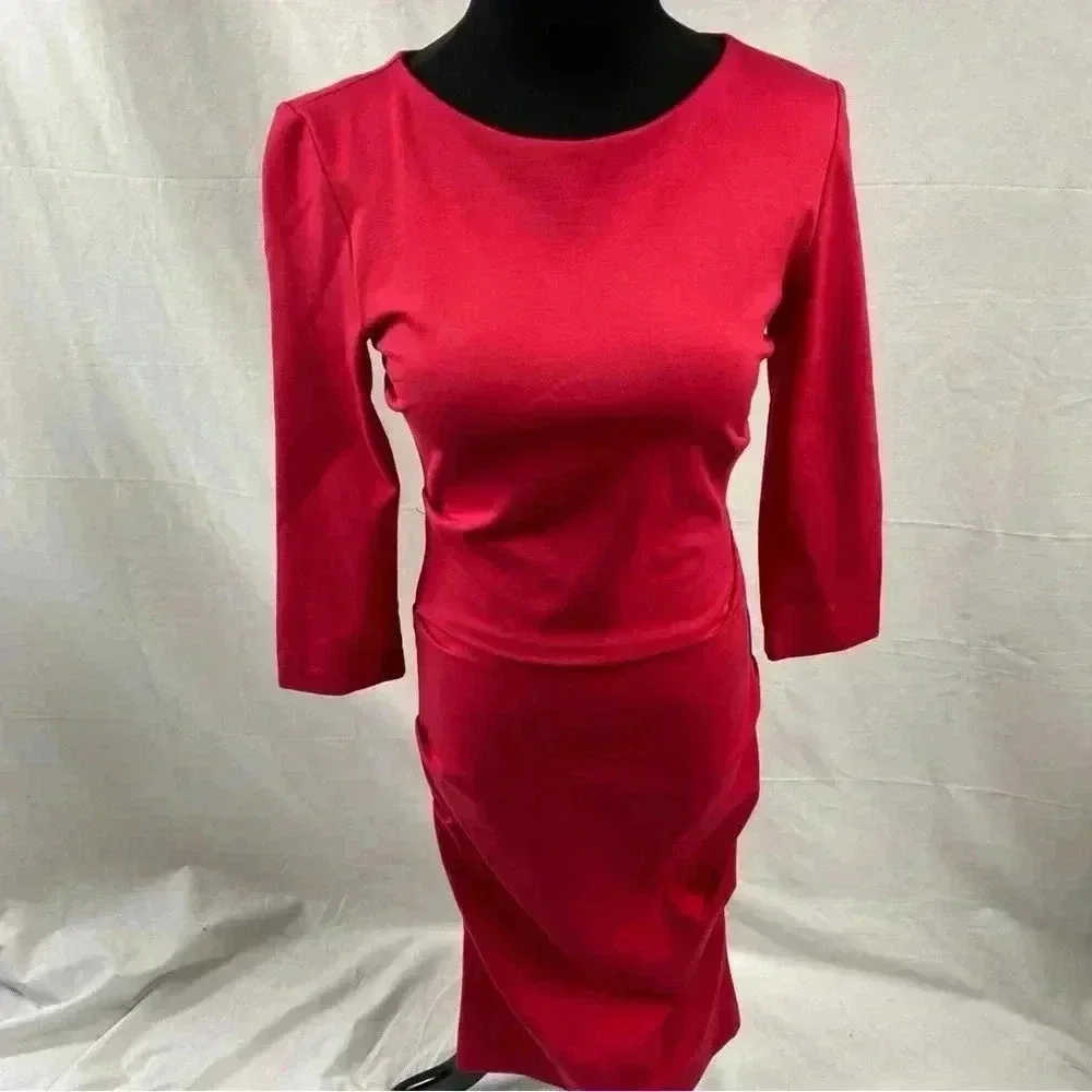 Nicole Miller Artelier Red Ruched Long Sleeve Cocktail Dress Medium - Picture 5 of 5